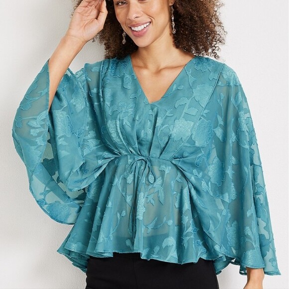 Maurices Tops - Maurices Jacquard Flounce Sleeve Peplum Teal Boho Ethereal Tie Waist Top XL NWT